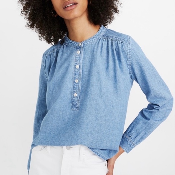 Madewell Tops - Madewell Denim Long Sleeve Top Shirred Popover Blouse